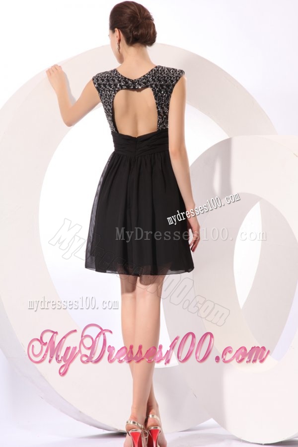 Black Straps Beaded Short Evening Dress in Mini-length