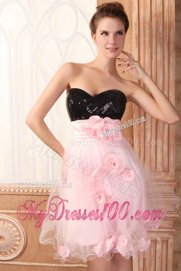 Black and Pink Sweetheart Hand Made Flowers Mini-length Evening Dress