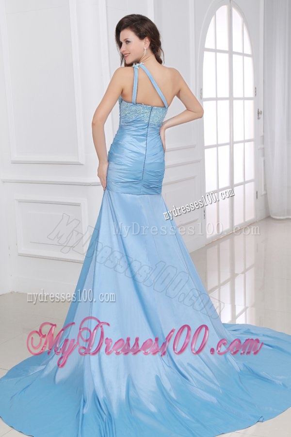 Blue A-Line Sweetheart Taffeta Evening Dresses with Appliques Brush Train