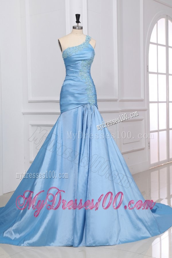 Blue A-Line Sweetheart Taffeta Evening Dresses with Appliques Brush Train