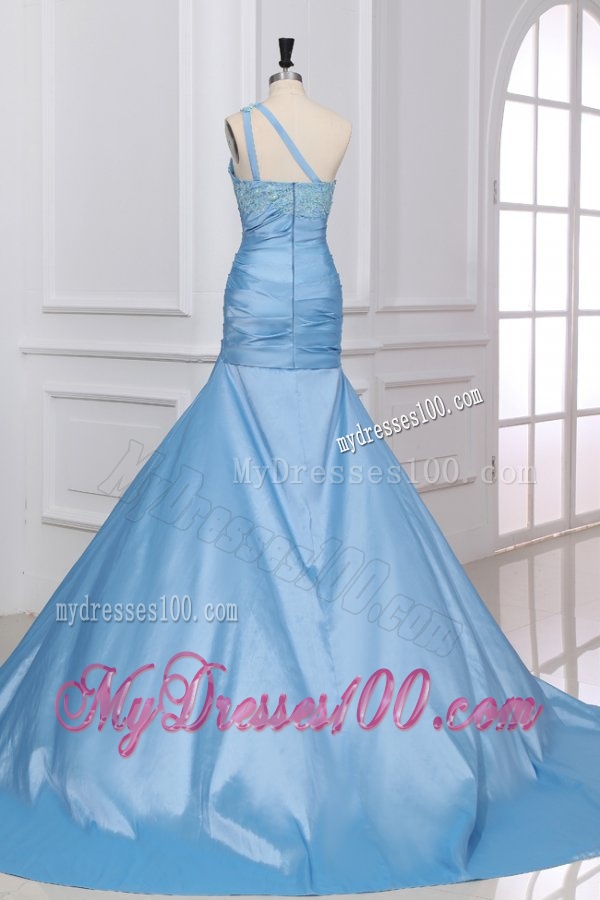 Blue A-Line Sweetheart Taffeta Evening Dresses with Appliques Brush Train