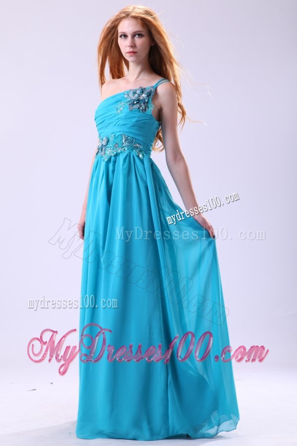 Blue Empire Appliques One Shoulder Beading Chiffon 2016 Evening Dress