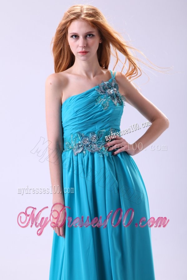 Blue Empire Appliques One Shoulder Beading Chiffon 2016 Evening Dress