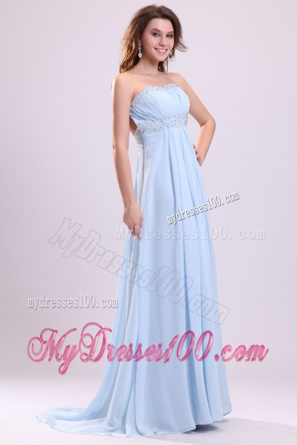 Blue Empire Strapless Brush Train Beading Chiffon Evening Dress with Backless