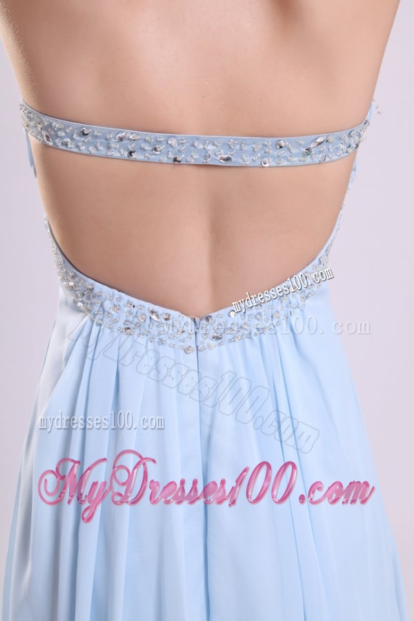 Blue Empire Strapless Brush Train Beading Chiffon Evening Dress with Backless