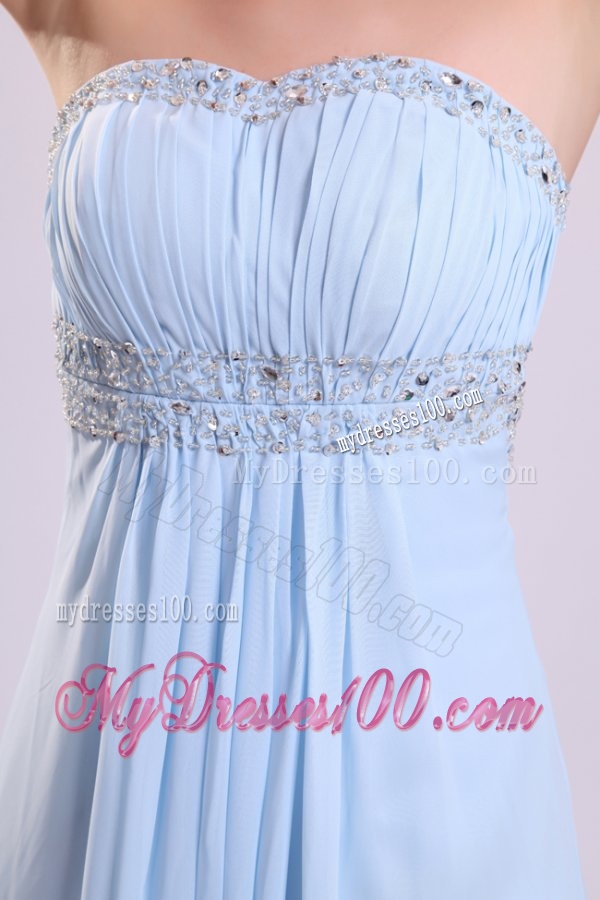Blue Empire Strapless Brush Train Beading Chiffon Evening Dress with Backless
