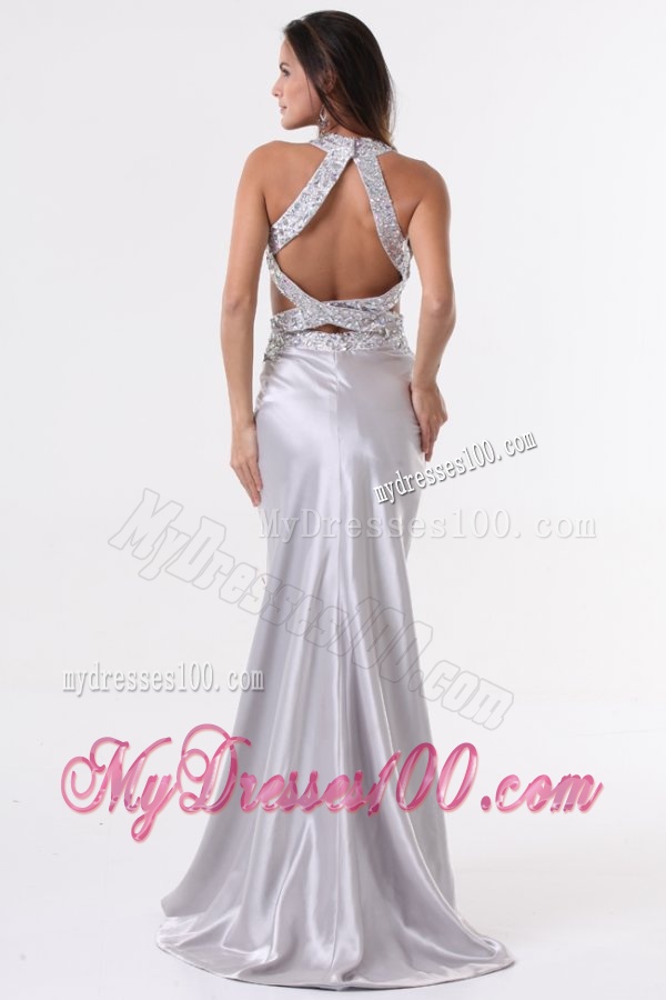 Brush Train Silver Column Halter Top Evening Dress with Beading