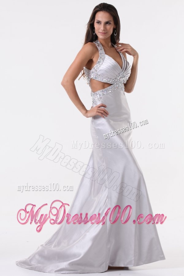 Brush Train Silver Column Halter Top Evening Dress with Beading