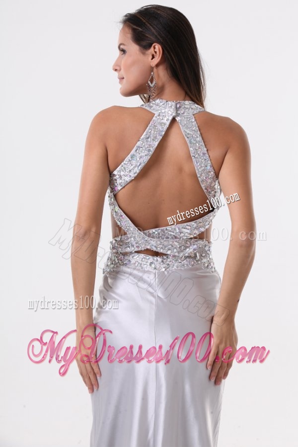 Brush Train Silver Column Halter Top Evening Dress with Beading
