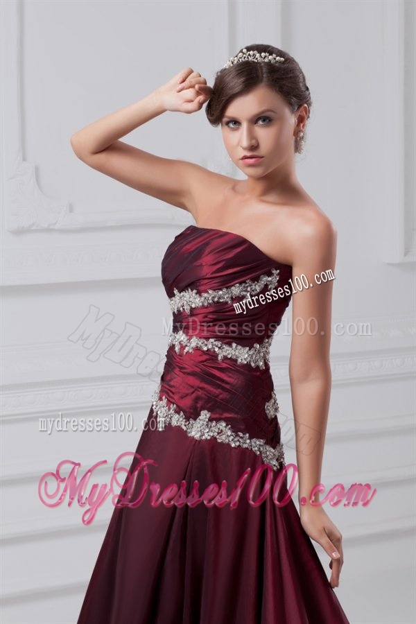 Burgundy A-line Applique Evening Dress with Chapel Train