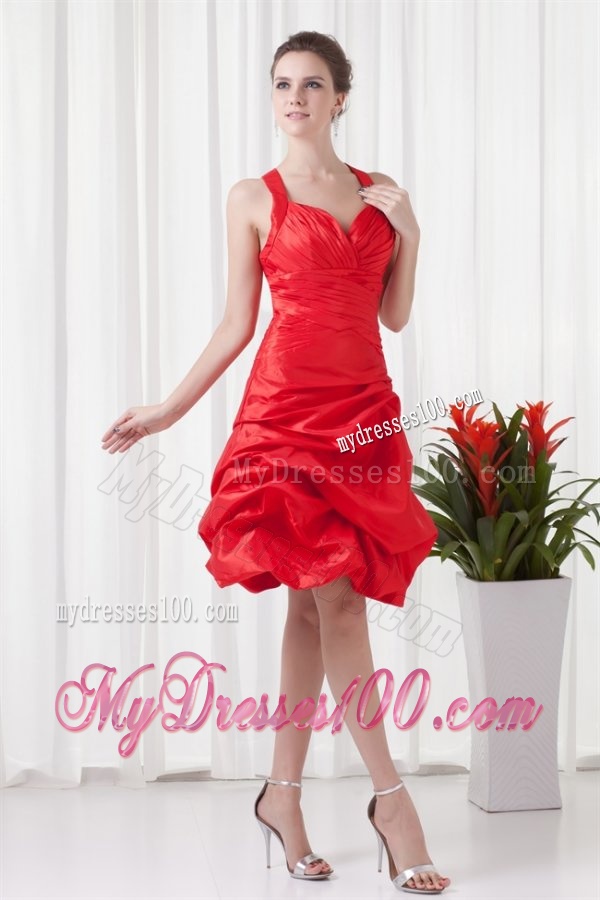 Cheap A-line Straps Knee-length Pick-ups Criss Cross Red Evening Dress