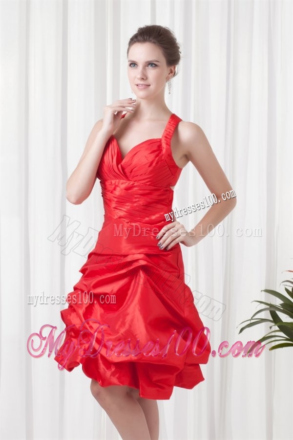 Cheap A-line Straps Knee-length Pick-ups Criss Cross Red Evening Dress