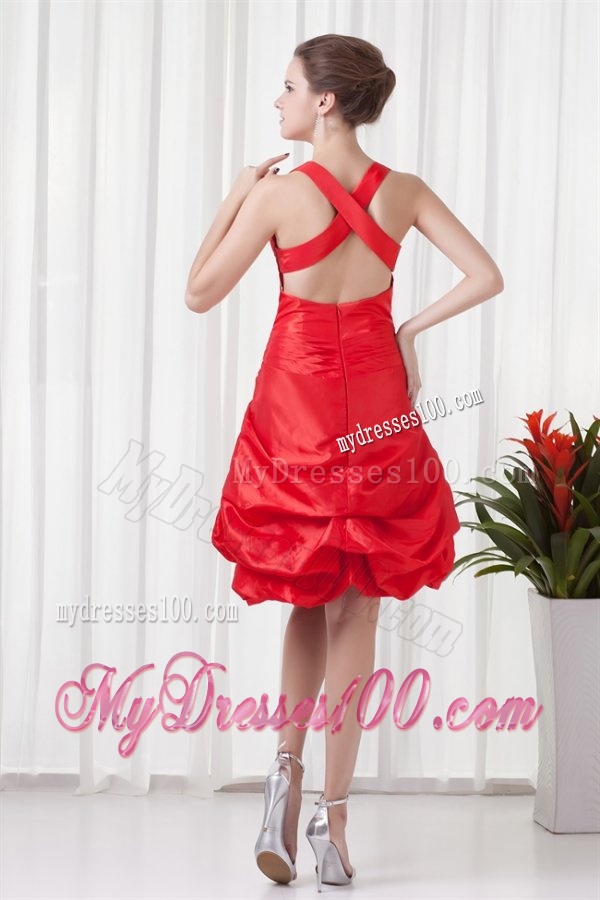 Cheap A-line Straps Knee-length Pick-ups Criss Cross Red Evening Dress