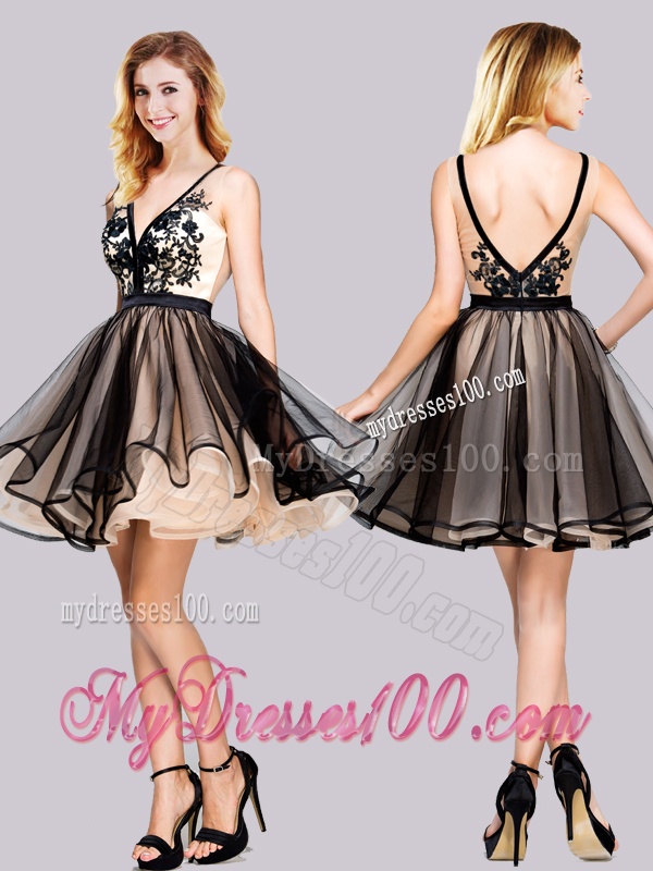 Cheap Applique Backless Black Evening Dress with Deep V Neck