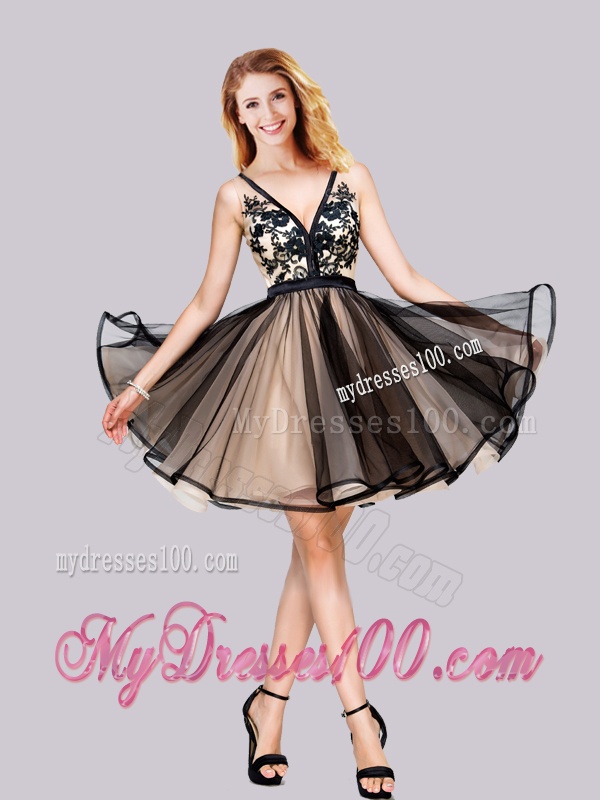 Cheap Applique Backless Black Evening Dress with Deep V Neck