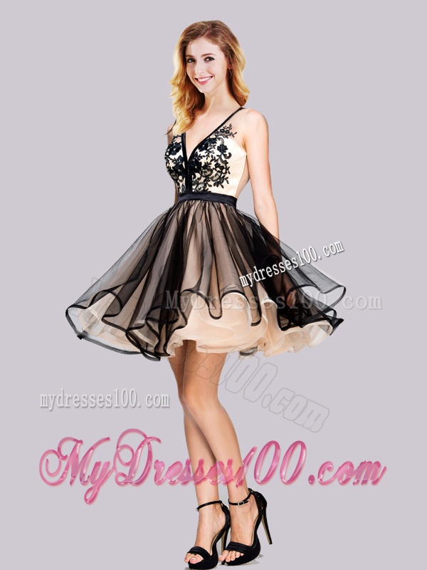 Cheap Applique Backless Black Evening Dress with Deep V Neck