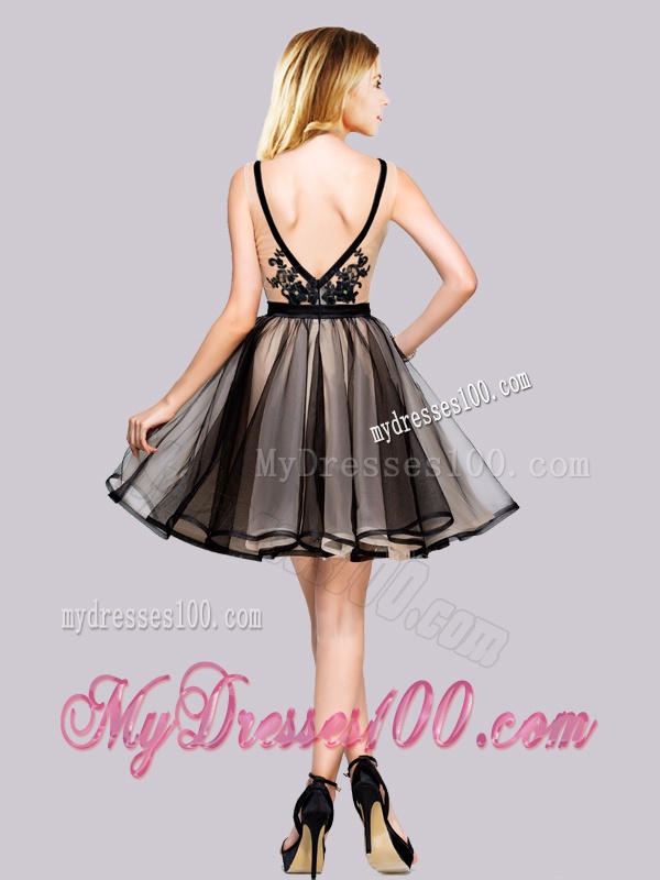 Cheap Applique Backless Black Evening Dress with Deep V Neck