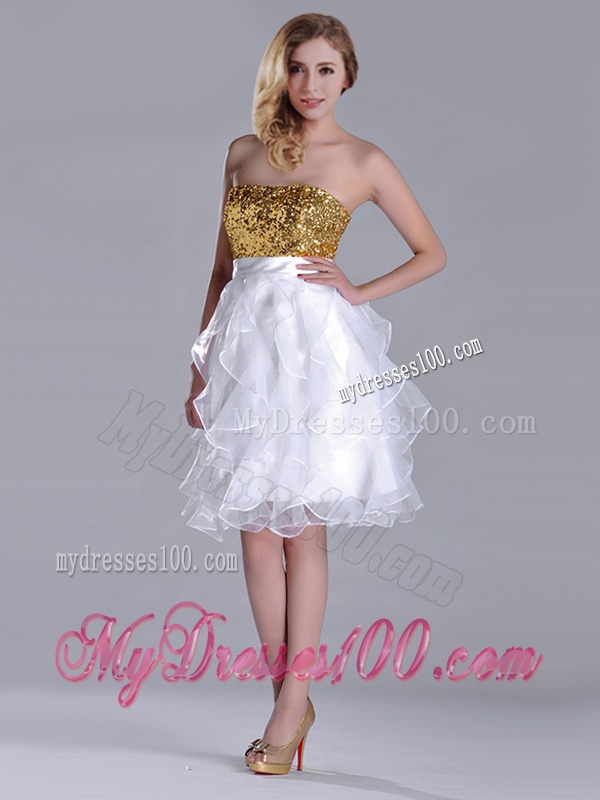 Classical Organza Sequined and Ruffled Evening Dress in White and Gold