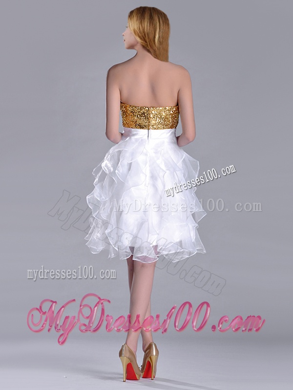 Classical Organza Sequined and Ruffled Evening Dress in White and Gold