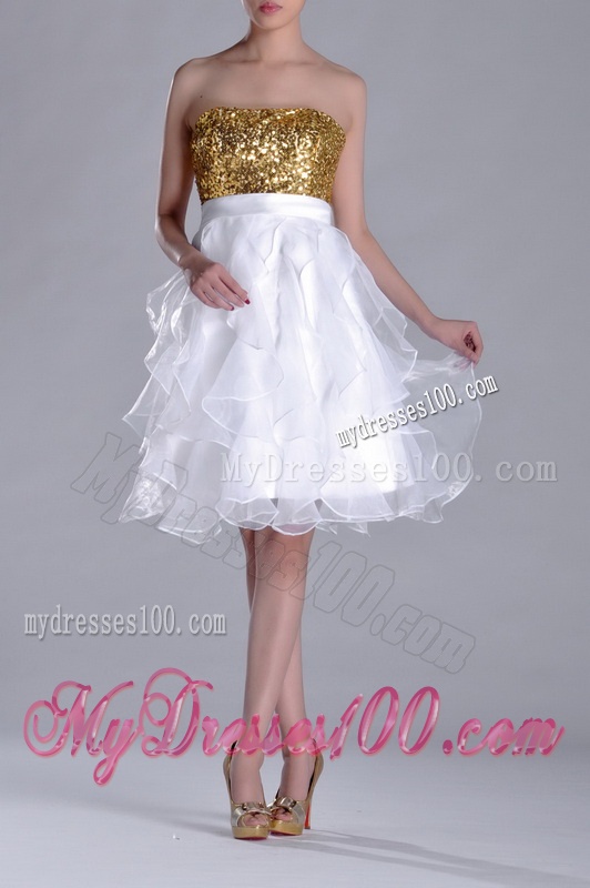 Classical Organza Sequined and Ruffled Evening Dress in White and Gold