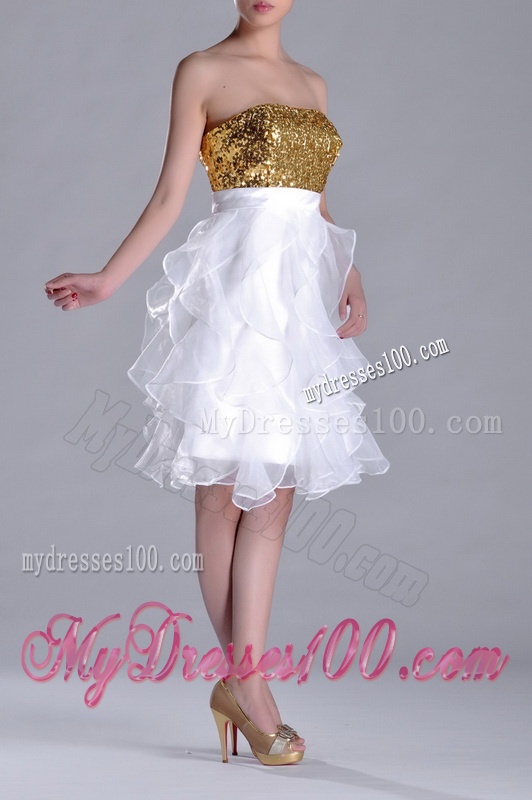 Classical Organza Sequined and Ruffled Evening Dress in White and Gold