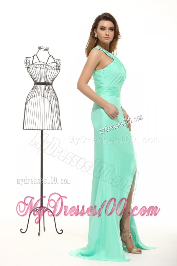 Column Apple Green High Slit One Shoulder Chiffon Beading Evening Dress