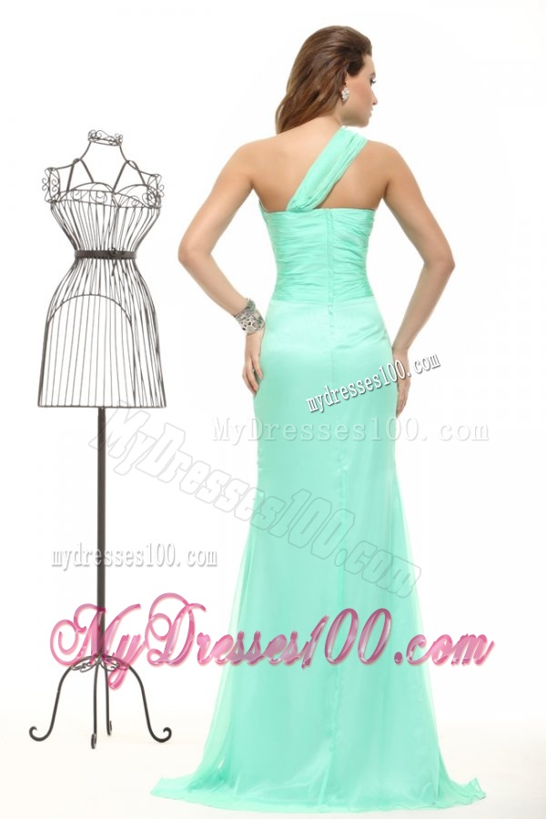 Column Apple Green High Slit One Shoulder Chiffon Beading Evening Dress