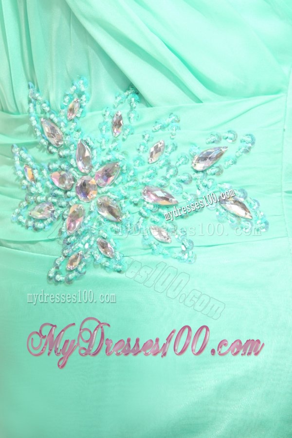 Column Apple Green High Slit One Shoulder Chiffon Beading Evening Dress