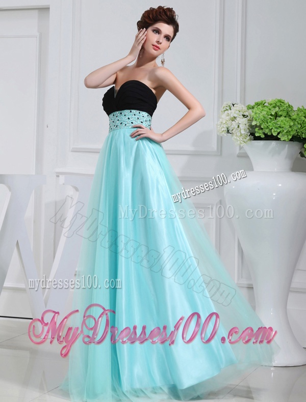 Column Beading Tulle Floor-length Strapless Aqua Blue Evening Dress