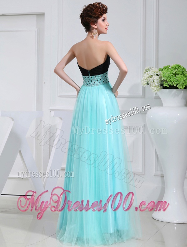 Column Beading Tulle Floor-length Strapless Aqua Blue Evening Dress
