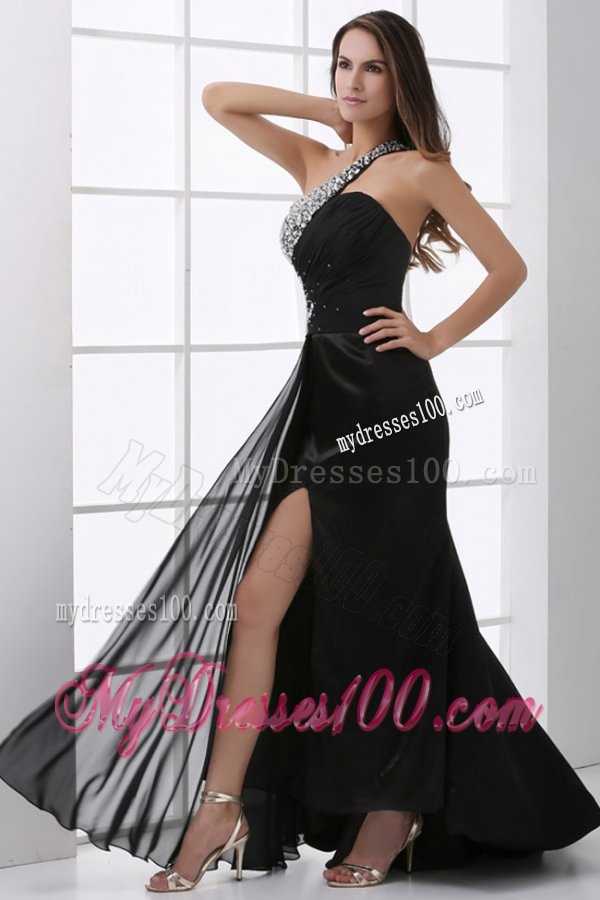 Column Black One Shoulder Beading and High Silt Evening Dress