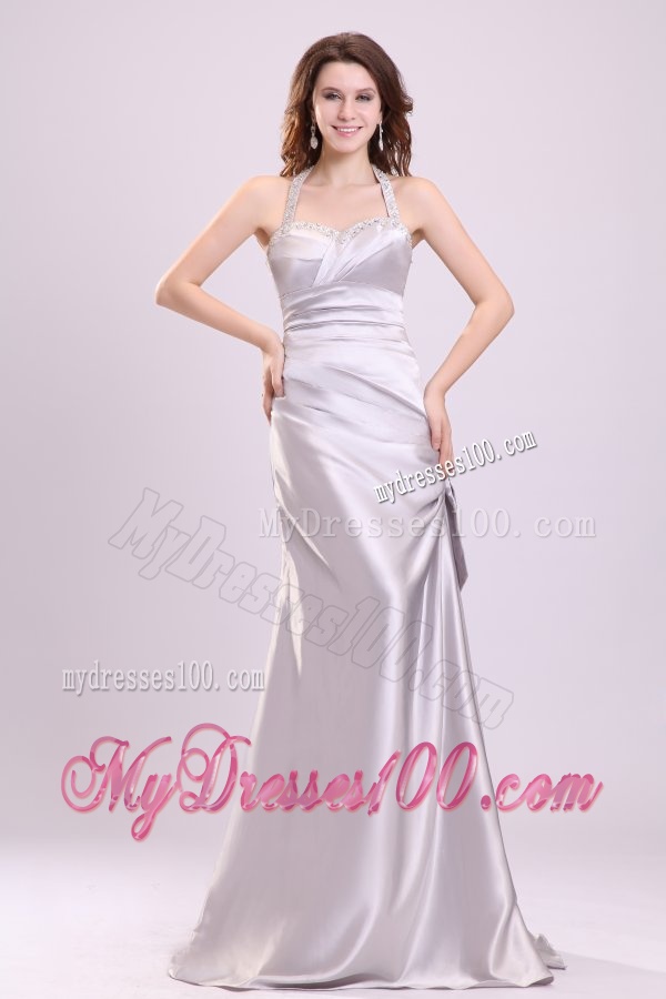 Column Gray Ruching Beading Halter Top Floor-length Evening Dress