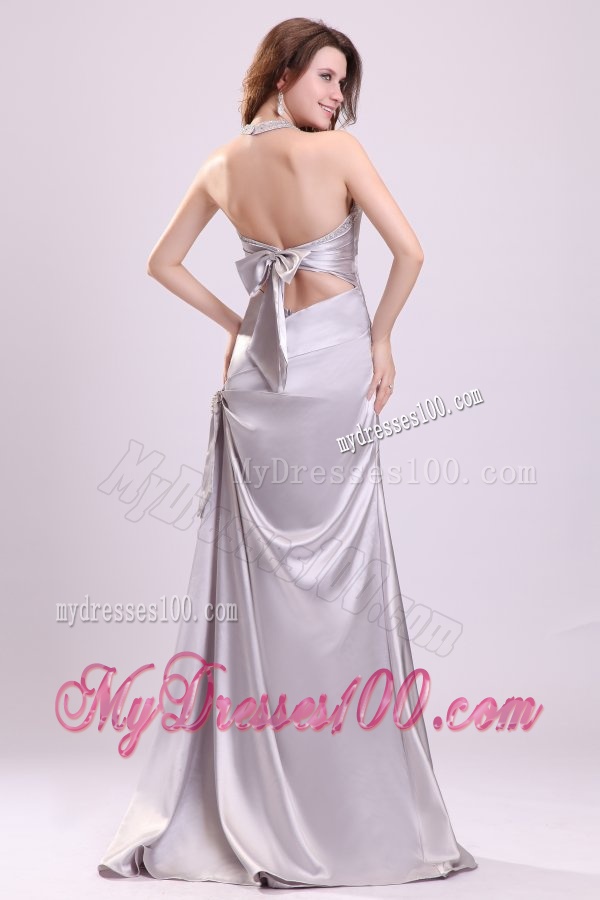 Column Gray Ruching Beading Halter Top Floor-length Evening Dress