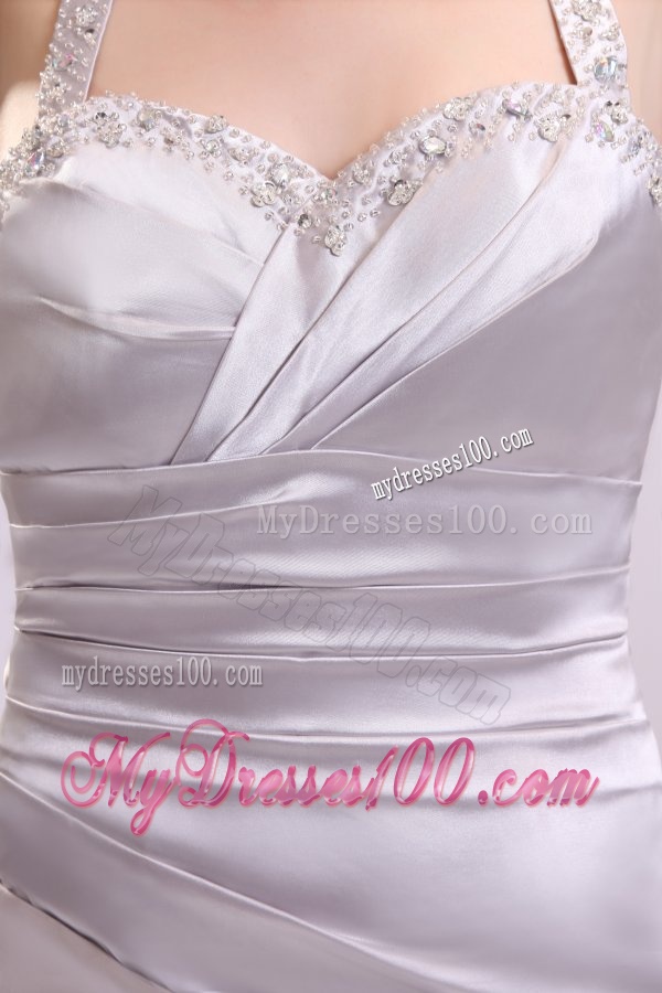 Column Gray Ruching Beading Halter Top Floor-length Evening Dress