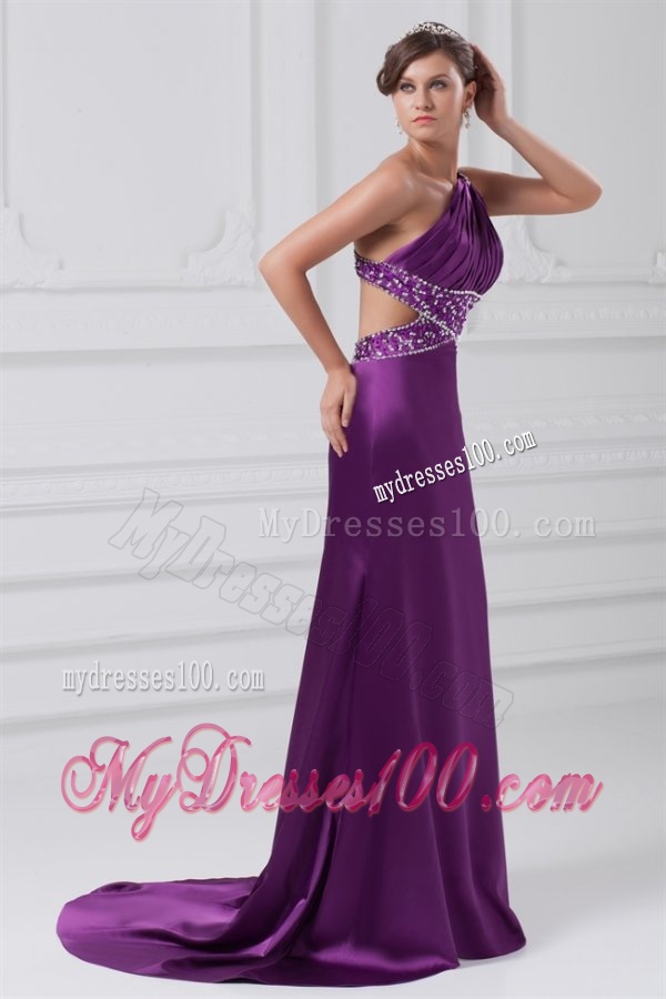 Column One Shoulder Brush Train Elastic Woven Satin Beading Purple Evening Dress