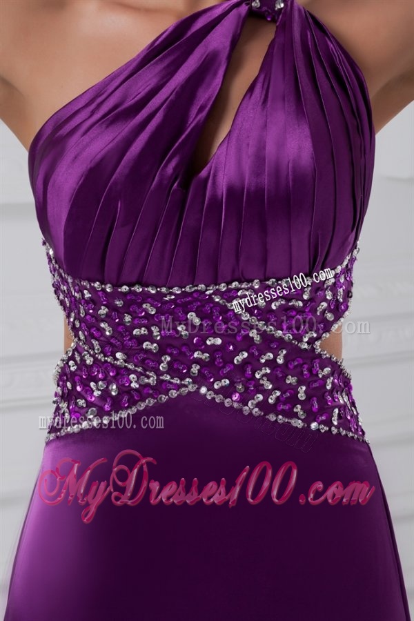 Column One Shoulder Brush Train Elastic Woven Satin Beading Purple Evening Dress