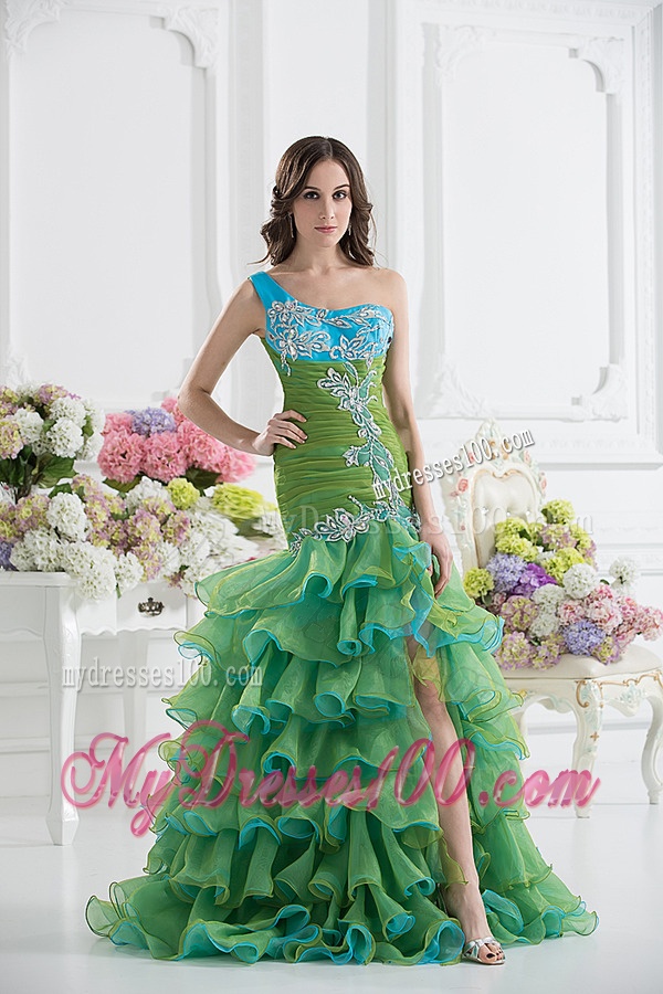 Column One Shoulder Organza Green Evening Dress with Appliques and Ruffed Layers