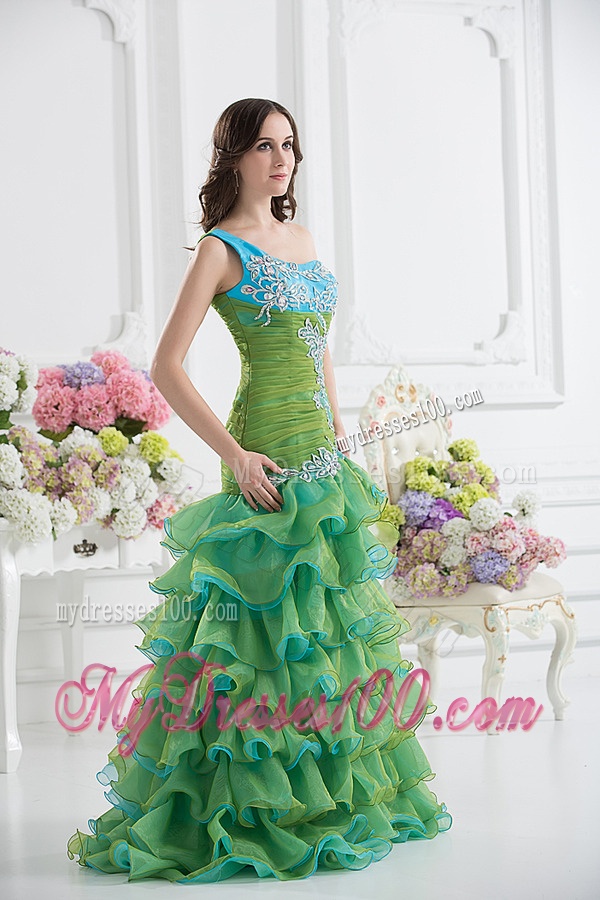 Column One Shoulder Organza Green Evening Dress with Appliques and Ruffed Layers