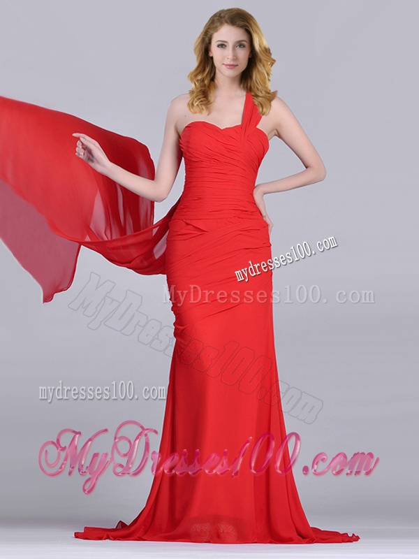 Column One Shoulder Watteau Train Coral Red Evening Dress with Side Zipper