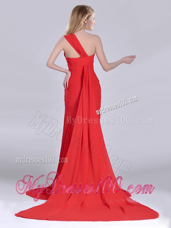 Column One Shoulder Watteau Train Coral Red Evening Dress with Side Zipper