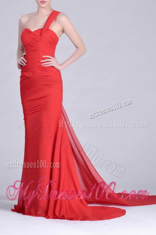 Column One Shoulder Watteau Train Coral Red Evening Dress with Side Zipper
