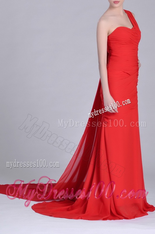 Column One Shoulder Watteau Train Coral Red Evening Dress with Side Zipper