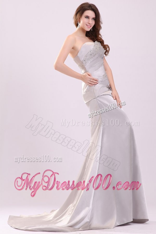 Column Strapless Beading and Ruching Brush Train Evening Dress