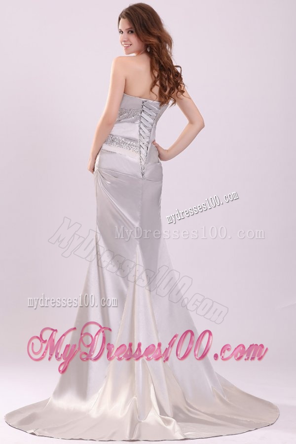 Column Strapless Beading and Ruching Brush Train Evening Dress