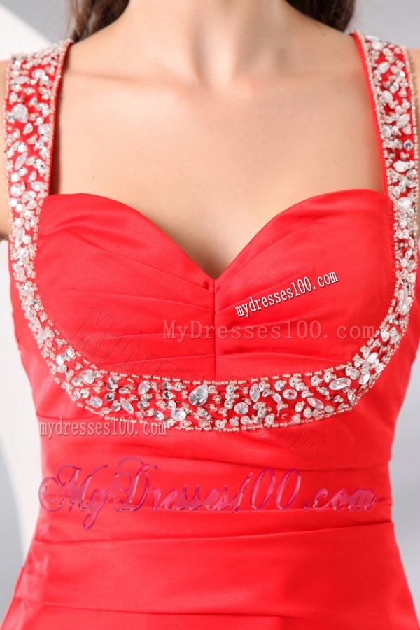 Column Straps Beading and Ruching Short Red Evening Dress