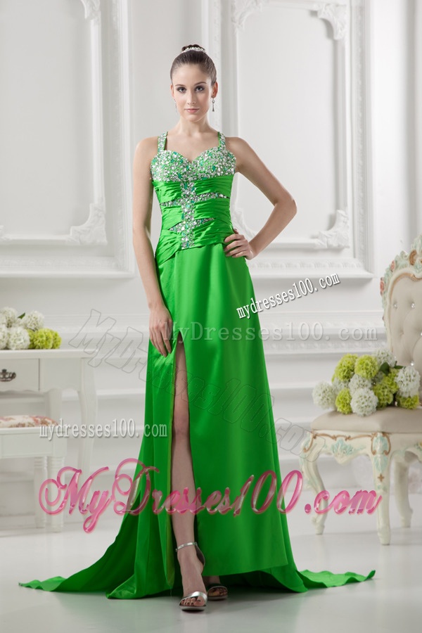 Column Straps Ruching and Beading High Slit Taffeta Evening Dress
