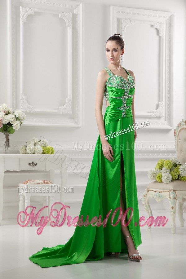 Column Straps Ruching and Beading High Slit Taffeta Evening Dress