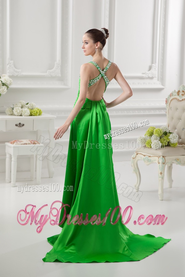 Column Straps Ruching and Beading High Slit Taffeta Evening Dress
