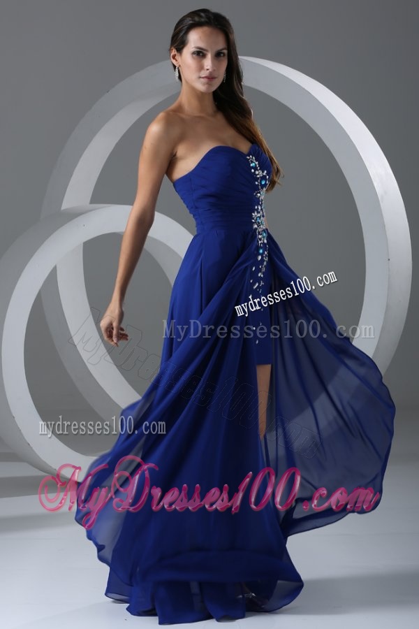 Column Sweetheart Royal Blue Beading And Ruching Chiffon Evening Dress
