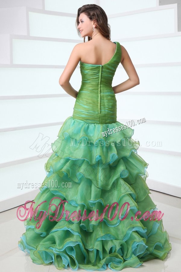 Cute A-Line One Shoulder Organza Beading and Ruffled Layers Green Evening Dress with High-low